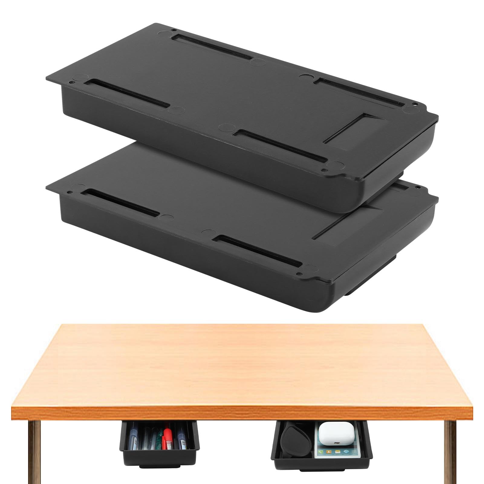 Photo 1 of XuYelora 2pcs Under Desk Drawer, Table Hidde-n Slide Out Pencil Holder Self-Adhesive Desk Drawer Storage Tray Attachable for Stationery Home Office School (COLOR:black)
