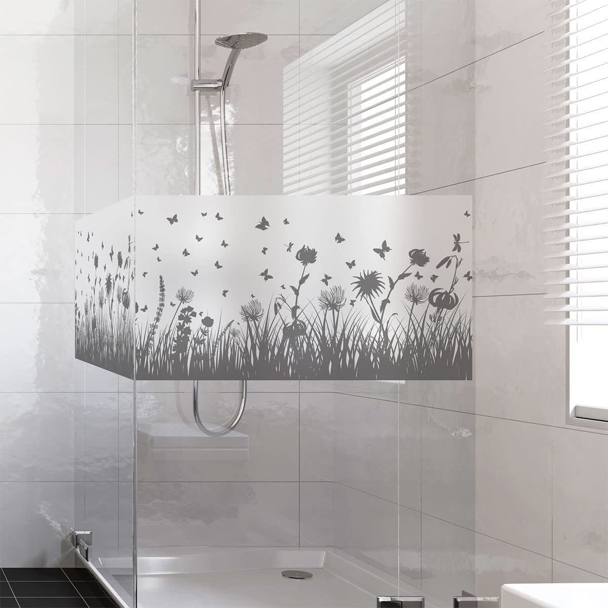Opaque Window Film - Flower Field and Butterflies - Sticker for Windows & Shower Doors - 40 x 100 cm