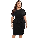 KOJOOIN Women Plus Size Bodycon Elegant Midi Dress Peplum Business Work Office Sheath Pencil Cocktail Party Dress with Belt