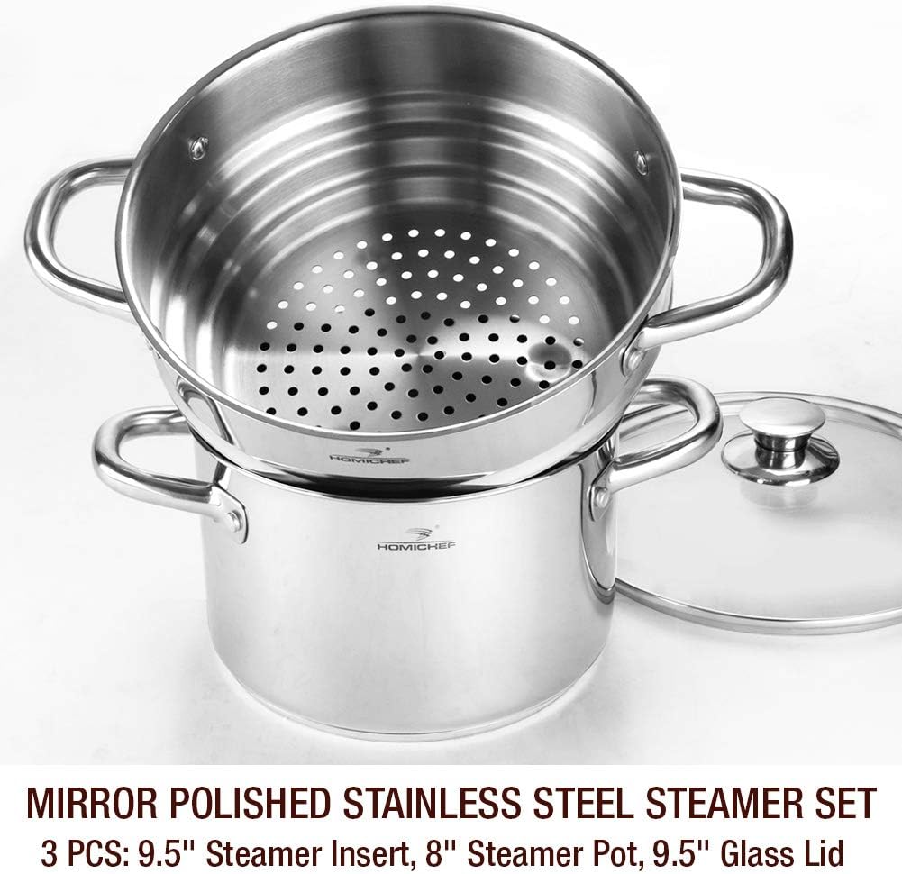 HOMI CHEF 5QT LARGE 4.5" DEEP 3-RIDGE Universal Steamer Cookware (Nickel Free Stainless Steel, 3 Ridges for 8"/ 9"/ 9.5" Pot) - Steamer Inserts for Pots - Kitchen Steamer Basket Steamer Pot: Kitchen & Dining