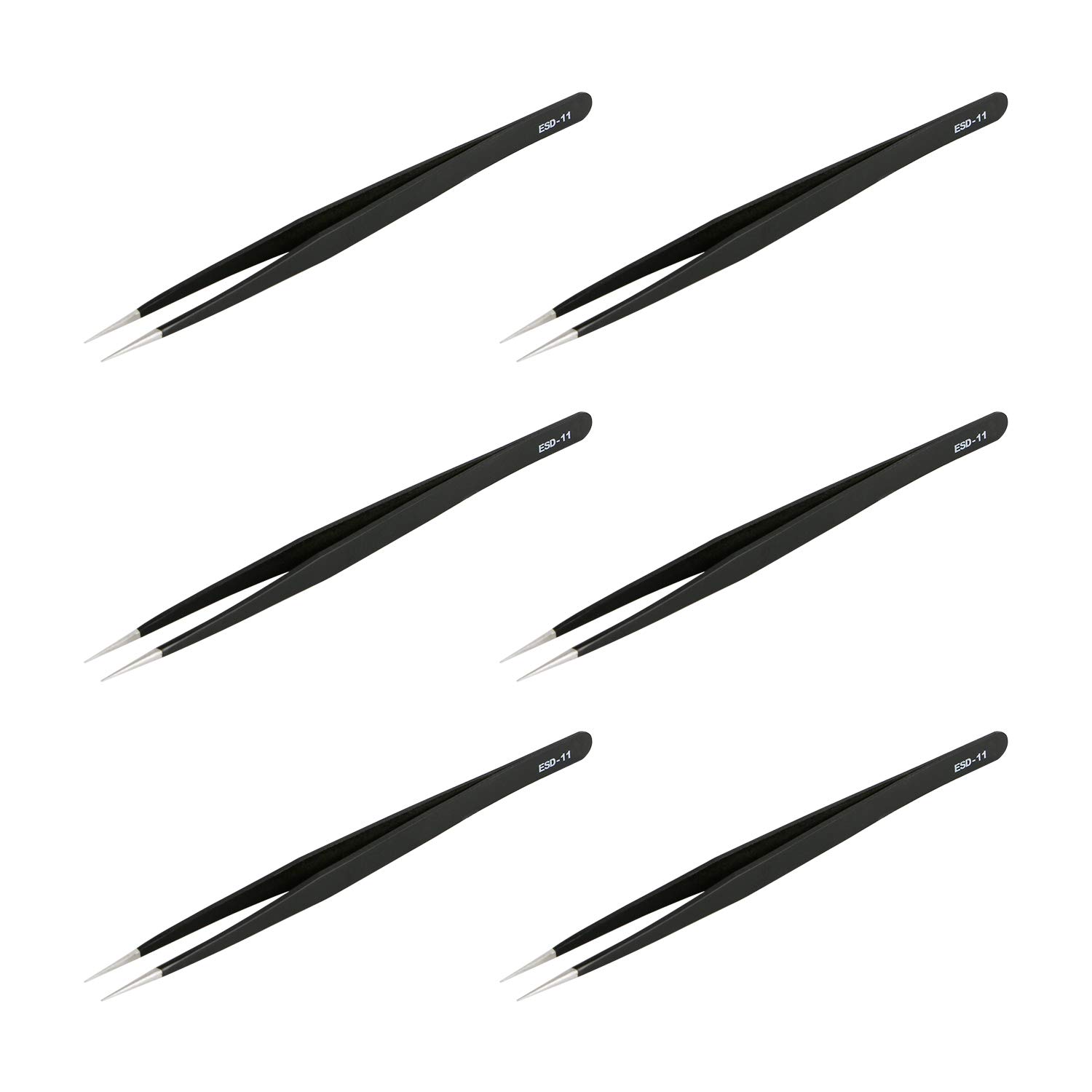 Aoje-Link ESD-11 Professional Anti-Static Technology Tweezers, Non-Magnetic Fine Tip Straight, Stainless Steel Plastic Coated, Full Length 142mm, Black, 6pcs