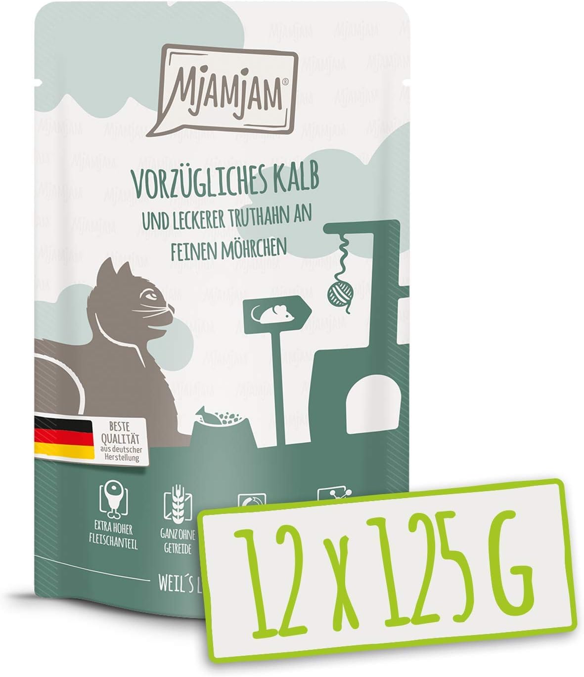 MjAMjAM, premium wet food for cats, Quetschie, excellent veal & turkey with delicious carrots, pack of 12 (12 x 125 g)