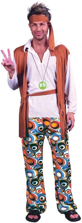 Hippie Man Kostüm für Herren 60er 70er Jahre Seventies Sixties Hose Flower Power, Größe:XL/XXL