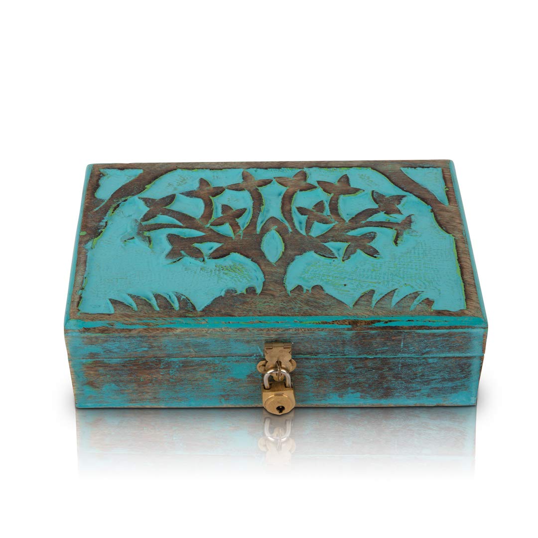 Handmade Decorative Wooden Jewellery Keepsake Box Tree Of Life Carving & Lock & Key Jewellery Organizer Treasure Chest Trinket Holder Storage Watch Lock Box 20 x 12 cms (Blue Wash Finish)