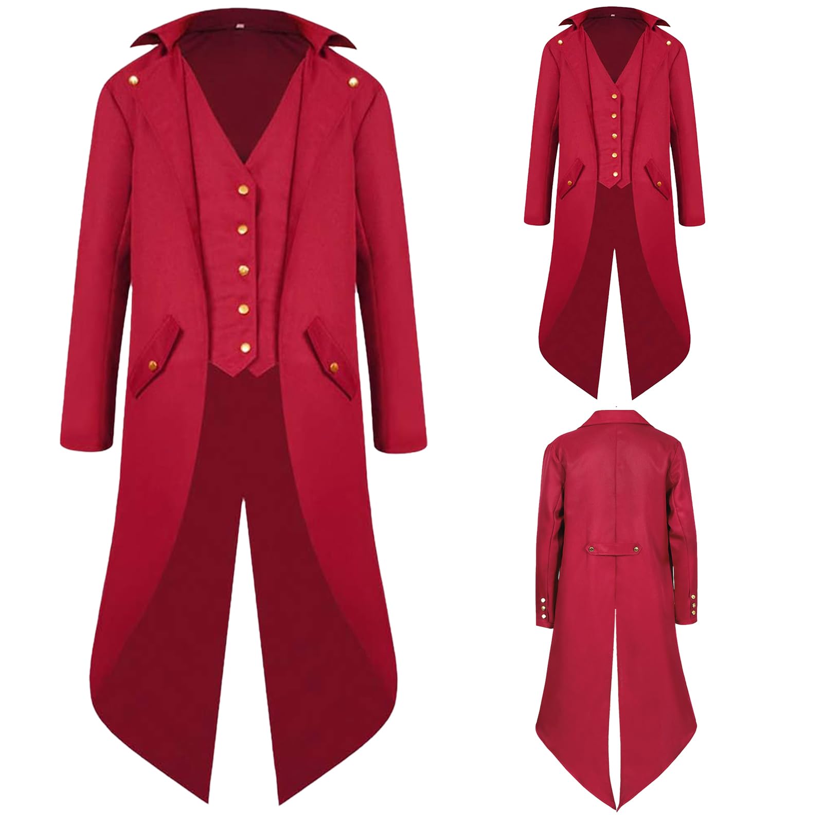 NFAOEGJ Men Medieval Tailcoat Steampunk Victorian Costume Mens Medieval Gothic Vintage Jacket Halloween Costume (Red, 3XL)
