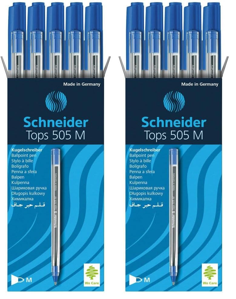 Schneider Tops 505 M (Medium) Ballpoint Pen, 1.0 mm, Transparent Barrel, Blue I…