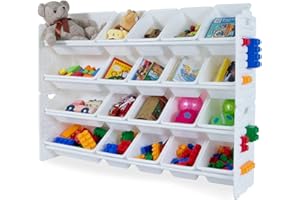 UNiPLAY Toy Organizer with 20 Removable Storage Bins, Multi-Bin Organizer for Books, Building Blocks, School Materials, Toys with Baseplate Board Frame (White)
