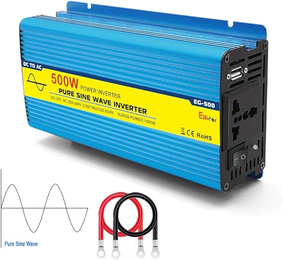 Power Inverter Pure Sine Wave 12v to 240v 500w, Car Inverter with Cooling Fan, Converter Peak