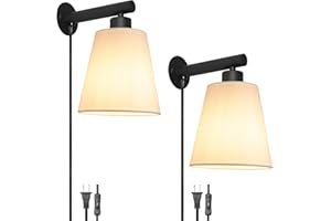 OIYIO Plug in Wall Sconces Set of Two, Wall Lamp with Plug in Cord, Black Wall Sconce Light Plug in, Bedside Wall Mounted Light with Fabric Linen Shade, Plug in Wall Decor for Bedroom Living Room