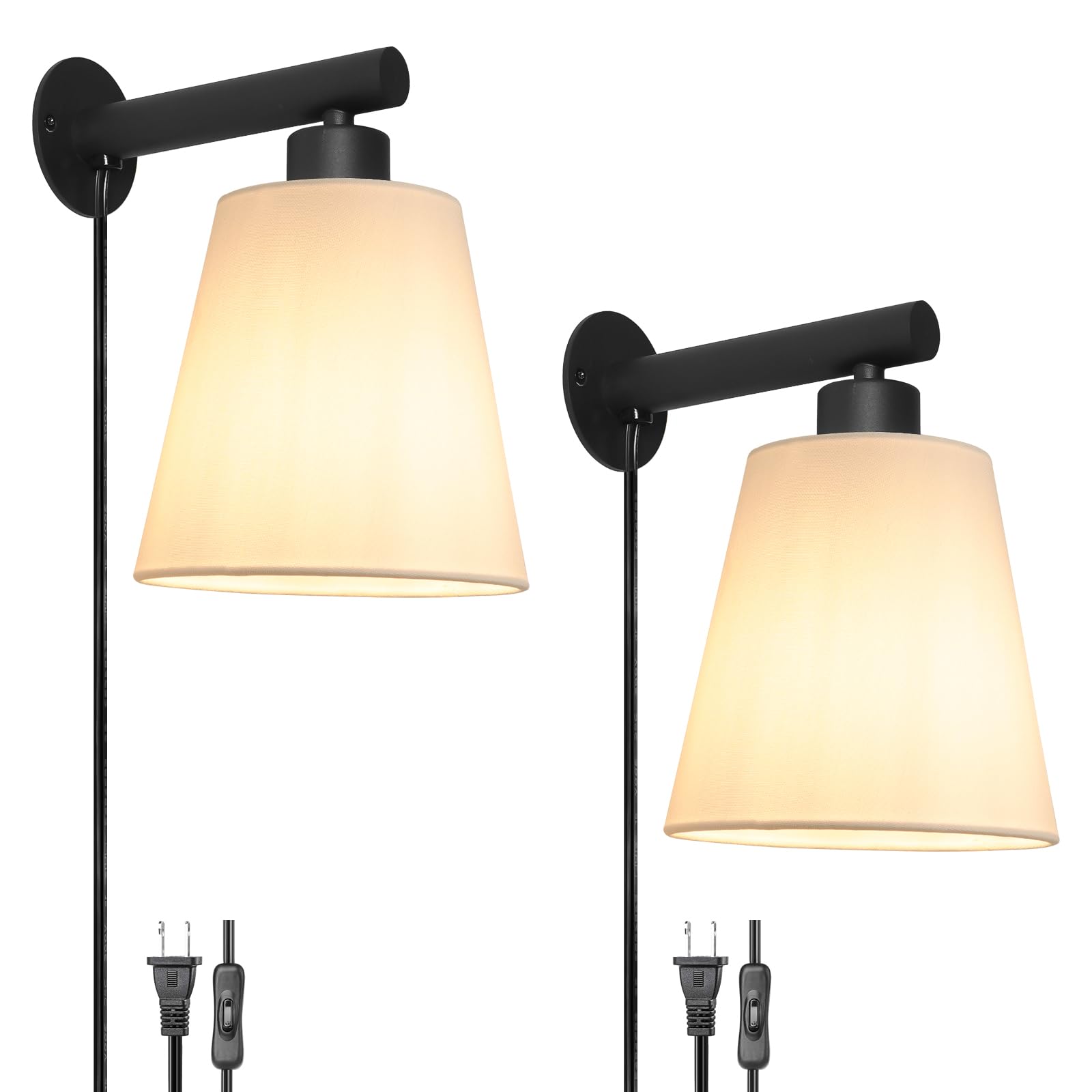 Photo 1 of OIYIO Plug in Wall Sconces Set of Two, Wall Lamp with Plug in Cord, Black Wall Sconce Light Plug in, Bedside Wall Mounted Light with Fabric Linen Shade, Plug in Wall Decor for Bedroom Living Room