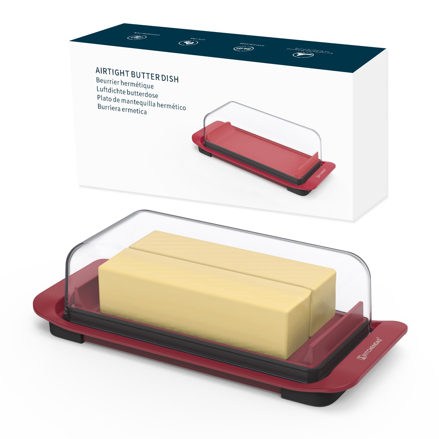 KITCHENDAO Airtight Butter Dish with Lid for Countertop and Fridge, Dishwasher Safe, Plastic Butter Keeper for 2 Sticks East Coast/West Coast/European Style/Kerrygold Butter,Red