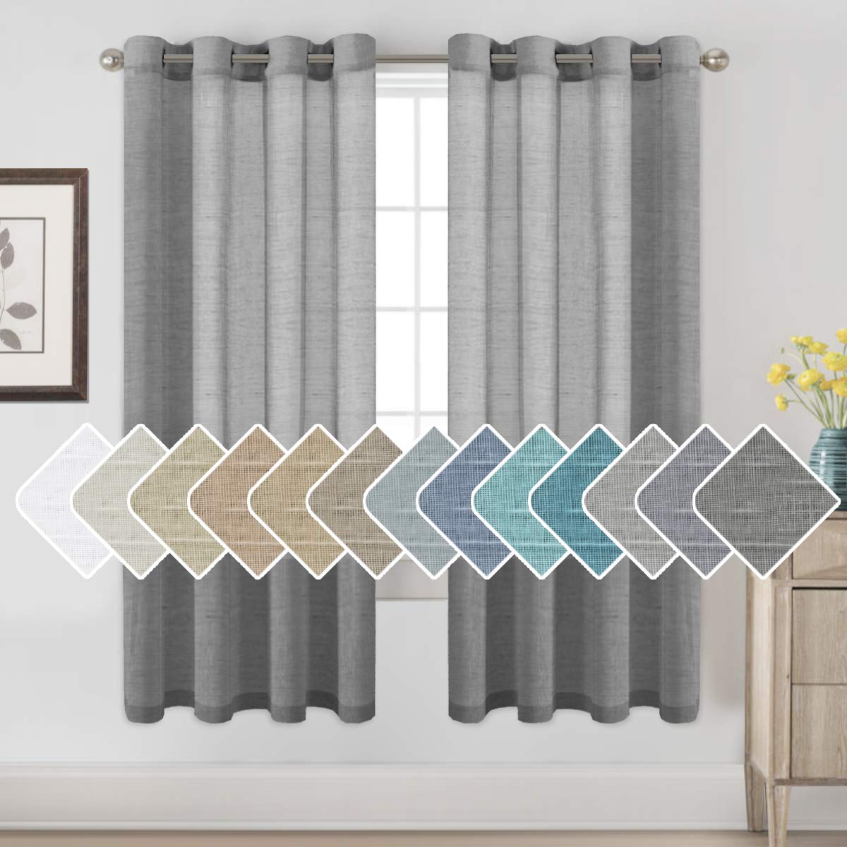 Photo 1 of H.VERSAILTEX Linen Curtains Flax Linen Blended Curtain Panels for Living Room/Bedroom Semi Sheer Privacy Curtains 72 inch Length 2 Panels Set Nickel Grommet Window Drapes - Charcoal Grey