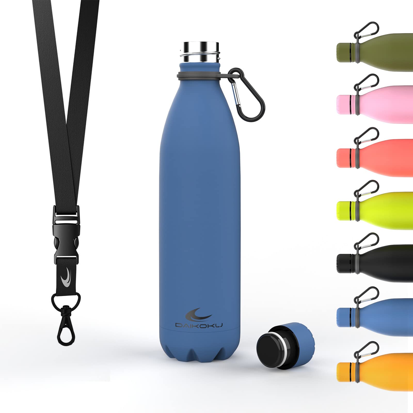 Daikoku Stainless Steel Bottle + Adjustable Strap + Carabiner, BPA Free Double Walled Thermos, Reusable Water Bottle, Airtight Cap, Colour Blue, Capacity 750 ML