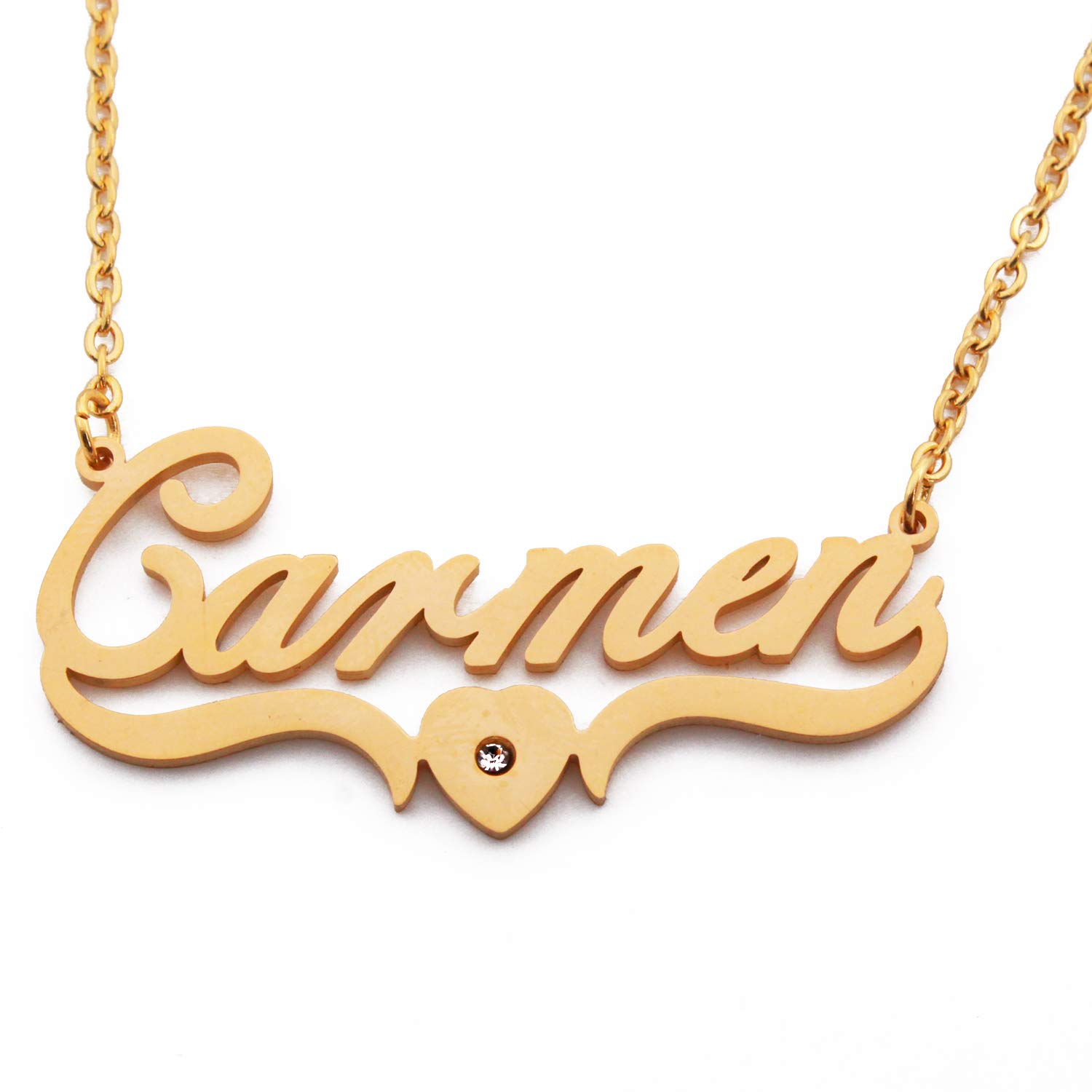 Kigu Carmen Name Necklace Heart Shaped Personalised Gold Plated, Custom Dainty Name Pendants, Jewellery for Ladies, Girlfriend, Mother, Sister, Friends Inc Bag & Box