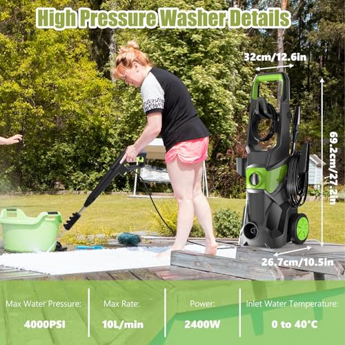 Electric Pressure Washer, 4000psi 10l Min Gpm High Pressure Washer with 32.8 Ft Hose, Ipx5 Waterproof with 4 Nozzle for Cars, Patios, Floor Cleaning