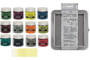 Tim Holtz Ranger Distress Embossing Glaze Bundle - 12 Embossing Glaze Colors with Distress Storage Tin and Trebbies Detail Blending Sticks (Set #2)