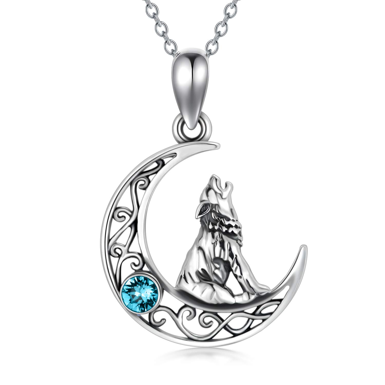 AOBOCO Sterling Silver Crescent Wolf Pendant Necklace, Wolf Jewellery Gifts for Women Her (Simulated Blue Zircon)