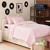 Twin XL Comforter Set College Dorm Bedding Bundle (Twin XL) – Dorm Upgrade with Comforter, Mattress Protector, Sheet Set & Pillow Sham — Stylish Quilted Stripe for Students & Shared Rooms, Pale Pink