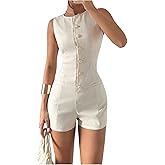 OYOANGLE Women's Sleeveless Button Front Jumpsuit Rompers Crew Neck Work Office Dressy Formal Romper