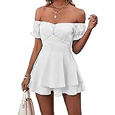 LYANER Women's Off Shoulder Wrap Tie Up Back Ruffle Short Sleeve Romper Short Jumpsuit