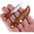 SZHOWORLD New Ultra Small Fixed Blade Knife, 1.6 inch 5Cr Stainless Steel Blade with Brass+Colored Wood Handle, Mini Knife with Leather Sheath and Brass Key Ring for EDC Gift Collection (Style 2)
