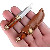 SZHOWORLD Ultra Small Fixed Blade Knife with Leather Sheath, Style 2 | 1.6 inch 5Cr Stainless Steel Blade, Brass+Colored Wood Handle, Mini EDC Knife, Brass Key Ring, EDC Gift Collection