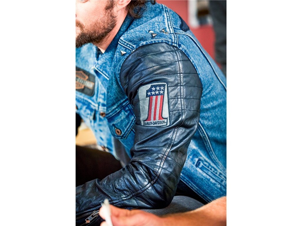 harley davidson leather sleeve denim jacket