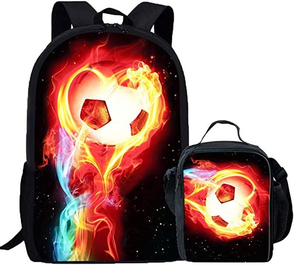 INSTANTARTS Fire Soccer Ball Backpack Elementary School Student Bookbag Mini Lunch Box Set