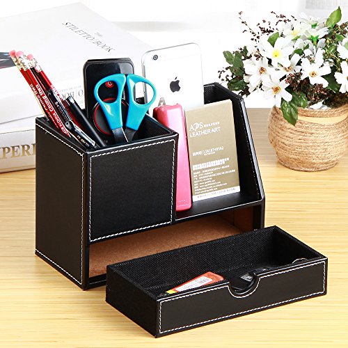 PU Leather Multi-function Desk Stationery Organizer Storage Box Pen and Pencil holders Business Cards Stand Desk Organizer Set Office Table Accessories (Black-large)