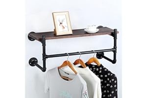 HAOVON Industrial Pipe Clothing Rack Wall Mounted Wood Shelf,Pipe Shelving Floating Shelves,Retail Garment Rack Display Rack Clothes Racks(1 Tier,30in)