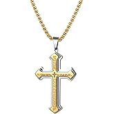 Rofusn Men's Stainless Steel Cross Necklace, Christian Cross Bible Lords Prayer Pendant Necklace Chain Jewelry Gifts