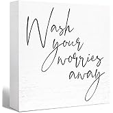 Wash Your Worries Away Sign Wood Block,Funny Bathroom Wooden Box Sign for Bathroom Shelf Washroom Toilet Restroom Shelves Decor 5"L x 5"W x 1.1"H
