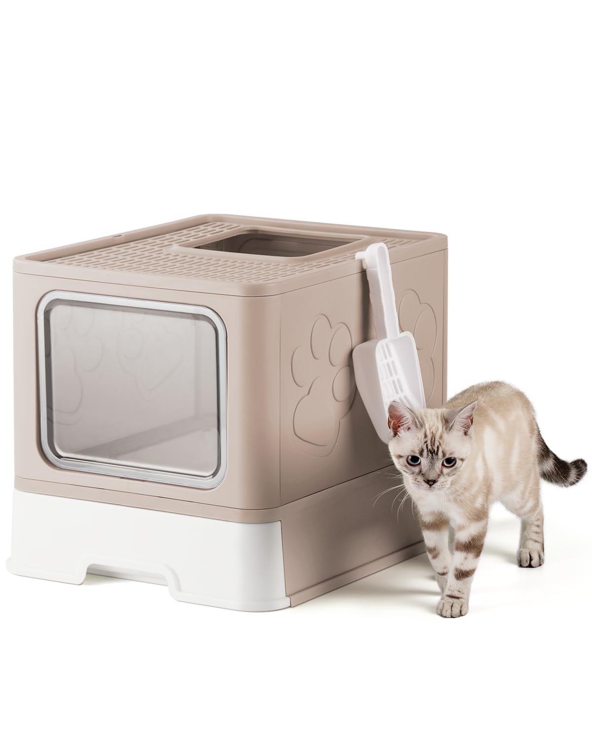 Photo 1 of Qualasision Enclosed Litter Box with Lid, X-Large Foldable Cat Litter Box, Covered Kitty Litter Box, Two-Way Entry and Exit Cat Box with Scoop, Odor Control, Easy to Clean(Coffee)