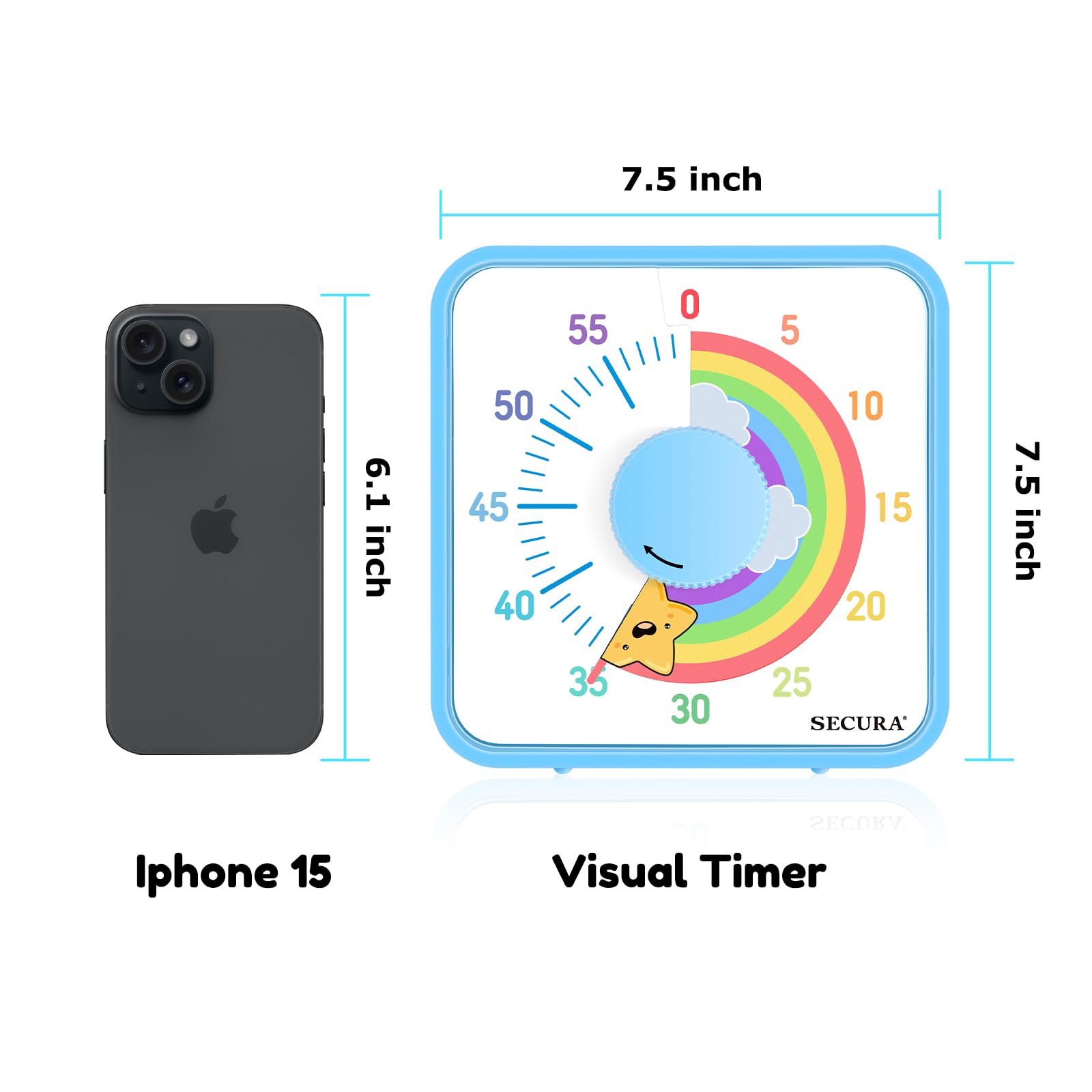 Secura 60-Minute Visual Timer, 7.5 Inch Magnetic Rainbow Countdown Timer for Classroom or Kitchen, Durable Mechanical Timer Clock with Magnetic Backing (Blue & Star)
