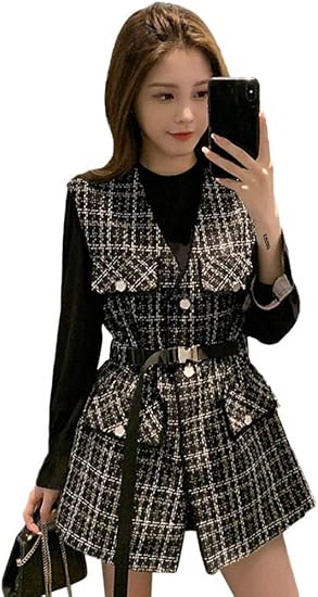 Amazon Online レディース ベスト セット 気質 ツイード 格子 ベスト ワンピース 長袖tシャツ カジュアル 2点セット トップス ワンピース チュニック 通販