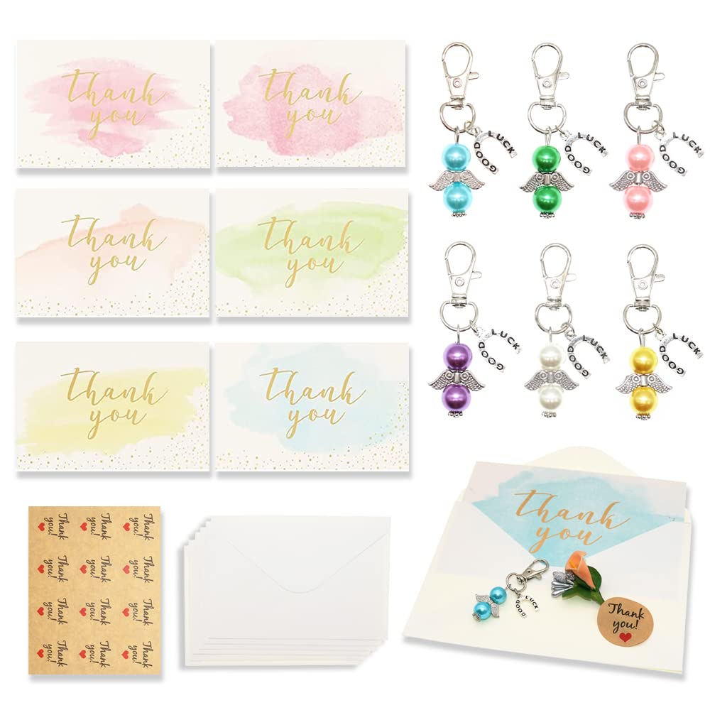 BITEYI Thank You Card Keychain set,6 Greeting Cards with Envelopes 6 Keyring 12 Sticker 12 Handmade Flowers,Gifts of Thanks for Colleagues Teachers Parents Friends (Color)