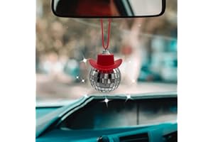 spansee Red Disco Ball Car Accessory, Disco Ball Car Mirror Ornament, Cowboy Hat Disco Ball Car Charm, Disco Ball with Cowboy Hat, Car Disco Ball, Disco Ball for Car, Car Accessories for Women