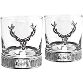English Pewter Company Double Old Fashioned Whiskey Glass Tumbler Set with Pewter Majestic Stag Head and Base [STAG204]