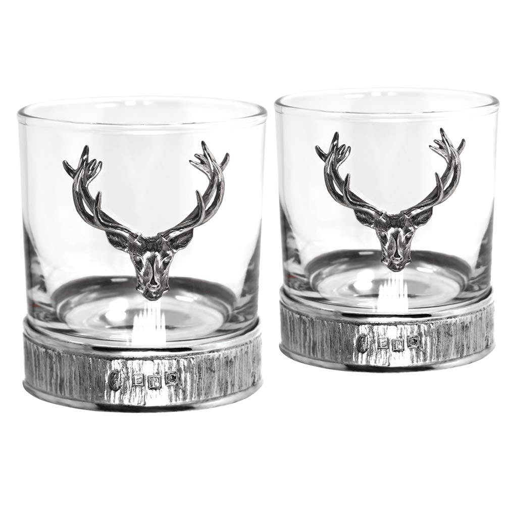 English Pewter Company Double Whiskey Glass Tumbler Set with Pewter Majestic Stag Head and Base [STAG204]