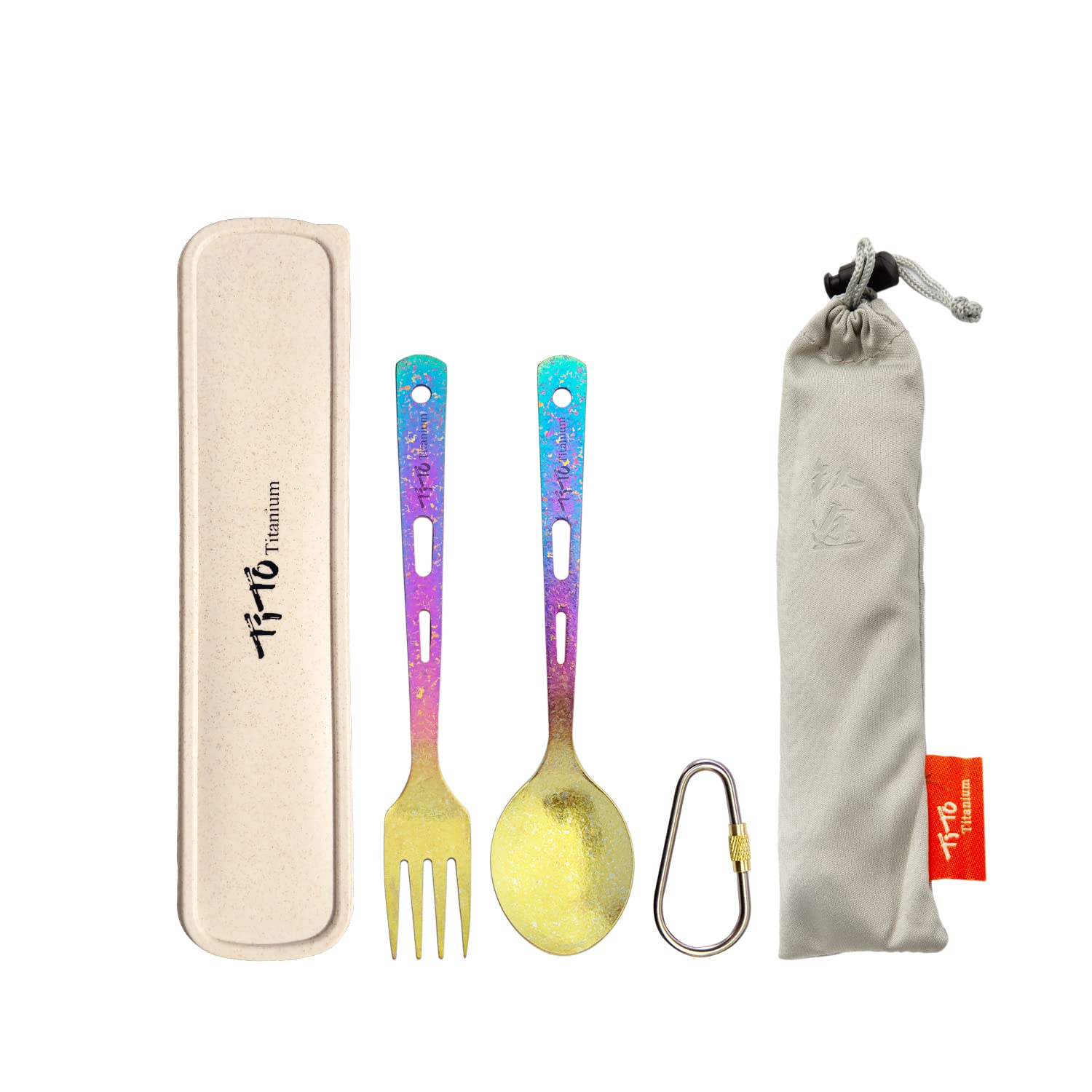 TiTo Titanium Spork Tableware Set Outdoor Camping Titanium Spoon Knife Collection 3 New Environmental Protection Sets with Box And Cloth Bag (2pcs Colorful Spoon fork)