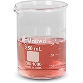 United Scientific™ 250mL Beaker - Low Form Griffin, Double Scale Graduation Chemistry Glassware, 3.3 Borosilicate Glass Beaker with Pour Spout, Beaded Rim and Autoclavable, 1 Each