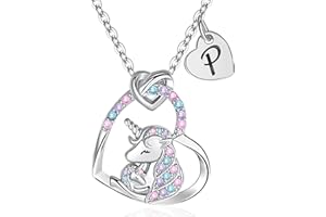 FLNEOO Unicorn Gifts for Girls Necklace Decorations - Unicorn Necklace Birthday Personalized Gifts for Girls Heart Pendant Hug Initial CZ Necklace Classic Unicorns Jewelry Gifts for Girls Fashion
