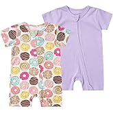 Teach Leanbh Unisex Baby 2 Pack Pajamas Cotton Short Sleeve 2 Way Zipper Printing Soild Romper Jumpsuit Sleep and Play