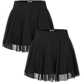 OOQ Women Skirts 2 Pack 2 in 1 Flowy Mesh High-Waisted Basic Versatile Casual Mini Flare Skirt with Pockets