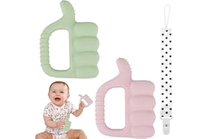 Fu Store Textured Thumb Up Silicone Teether 2 Pack-Sensory Exploration and Teething Relief with Easy to Hold Handle, Cute Infant Shower Gift Chew Toy for Babies (Pink & Green)