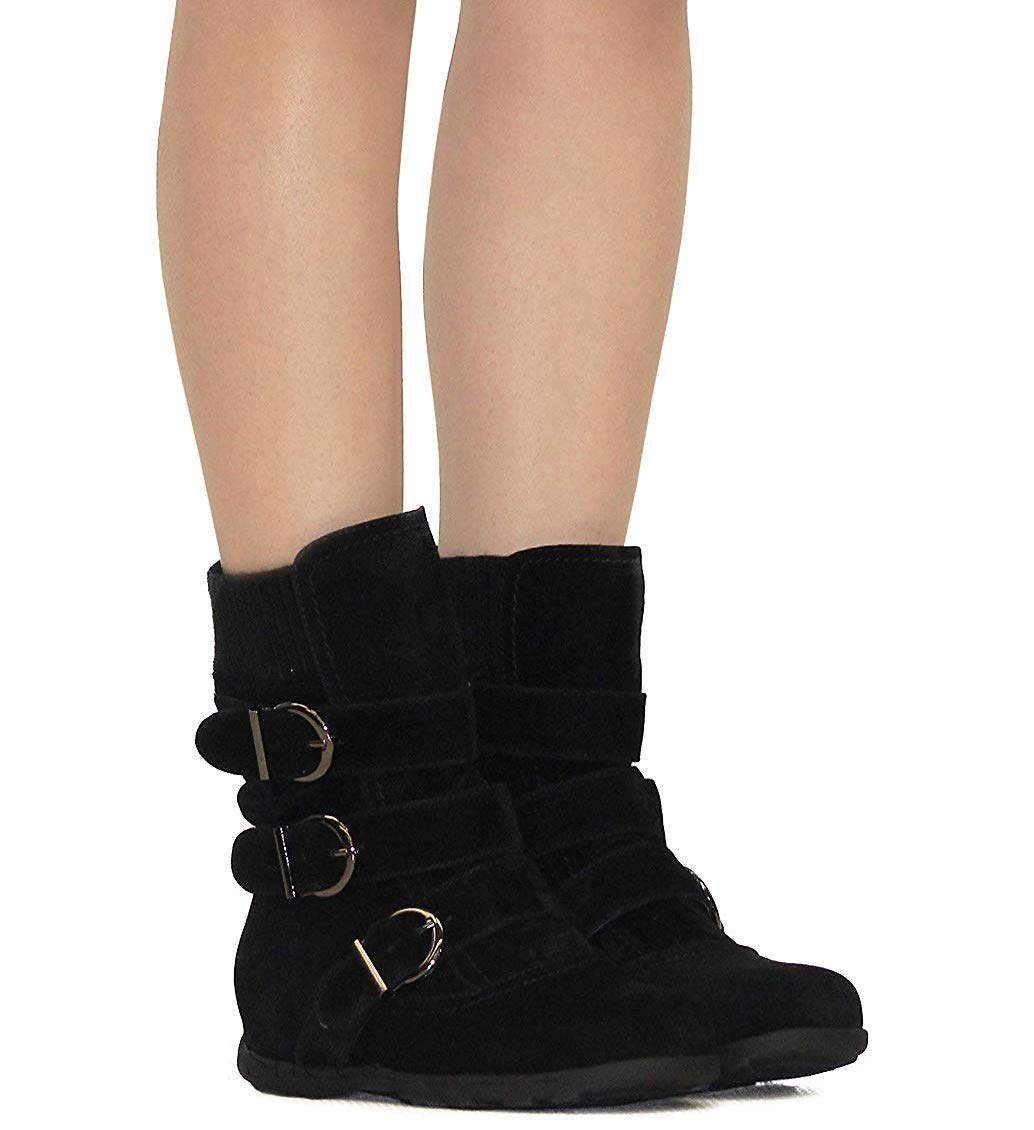 VANDIMI Womens Ankle Boots Zipper Buckles Strap Suede Booties Cute Classical Mid Flat Boot Black