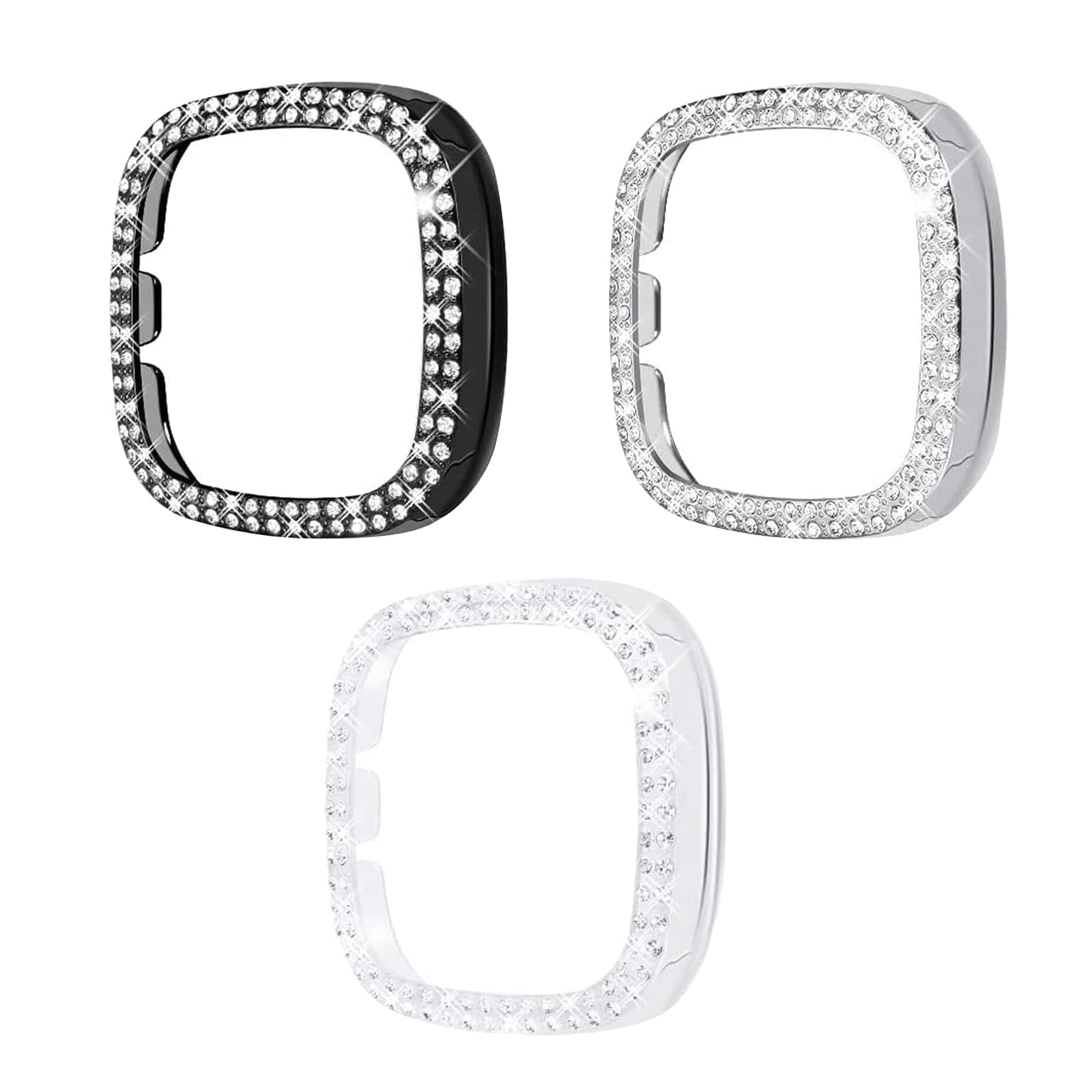 Photo 1 of [Double Diamonds] SINGEAR Bling Protector Case Compatible for Fitbit Versa 3/Versa 4/Sense/Sense 2, Shiny Crystal Rhinestone Bumper Frame for Women Smart Watch (Clear+Black+Silver, Versa 4 & Sense 2)