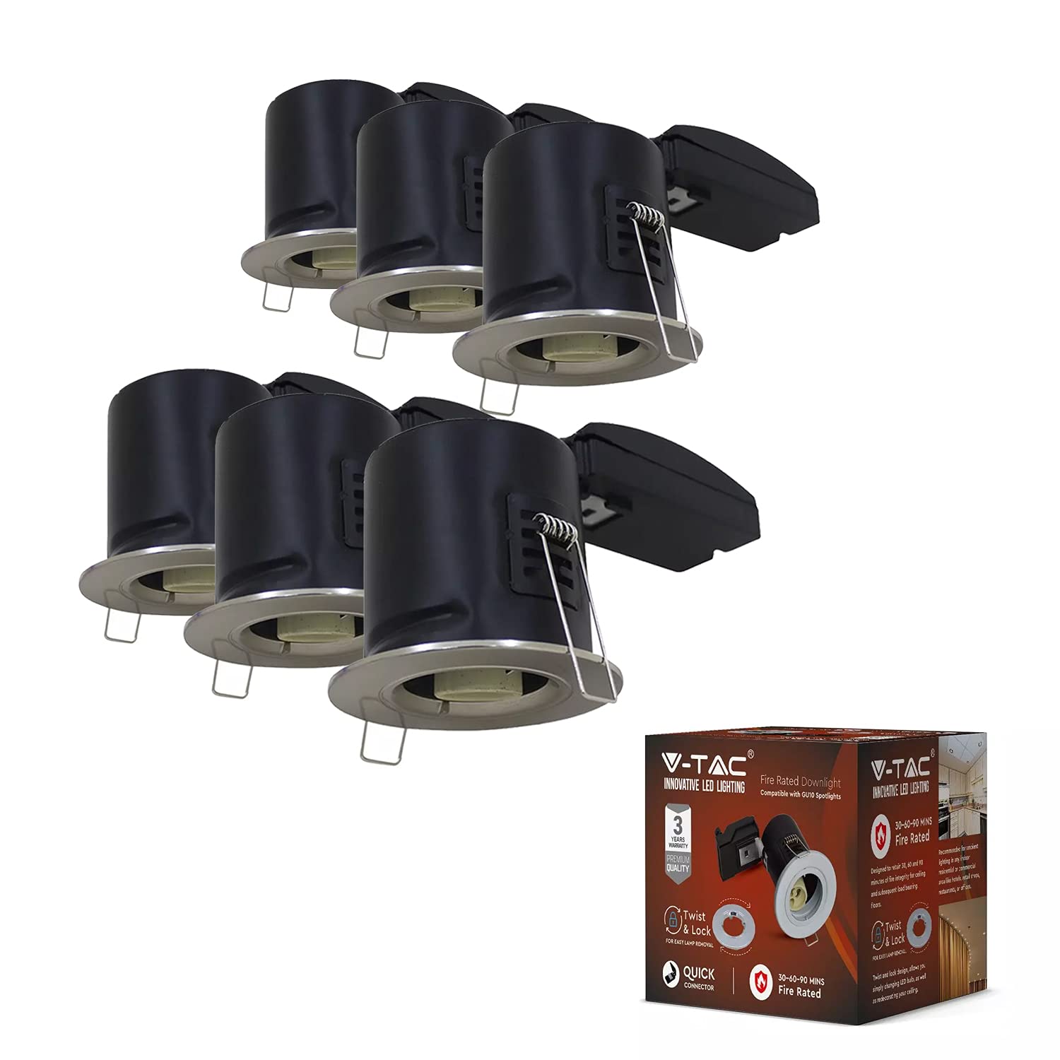 V-TAC Downlights for Ceiling Fire Rated Fitting for LED Downlights | IP20 Fire Rated Downlight Recessed GU10 Fitting ø75mm Cutout Size [Pack of 6] Nickel