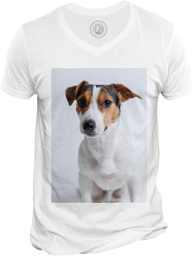Men's TShirt V Neck Portrait Small Dog White Black Brown Cute Pet