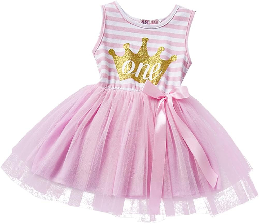 Baby Girls 1st/2nd/3rd Birthday Party Dress Outfit Striped Shiny Letter Crown Cake Smash Party Princess Tulle Skirt Clothes